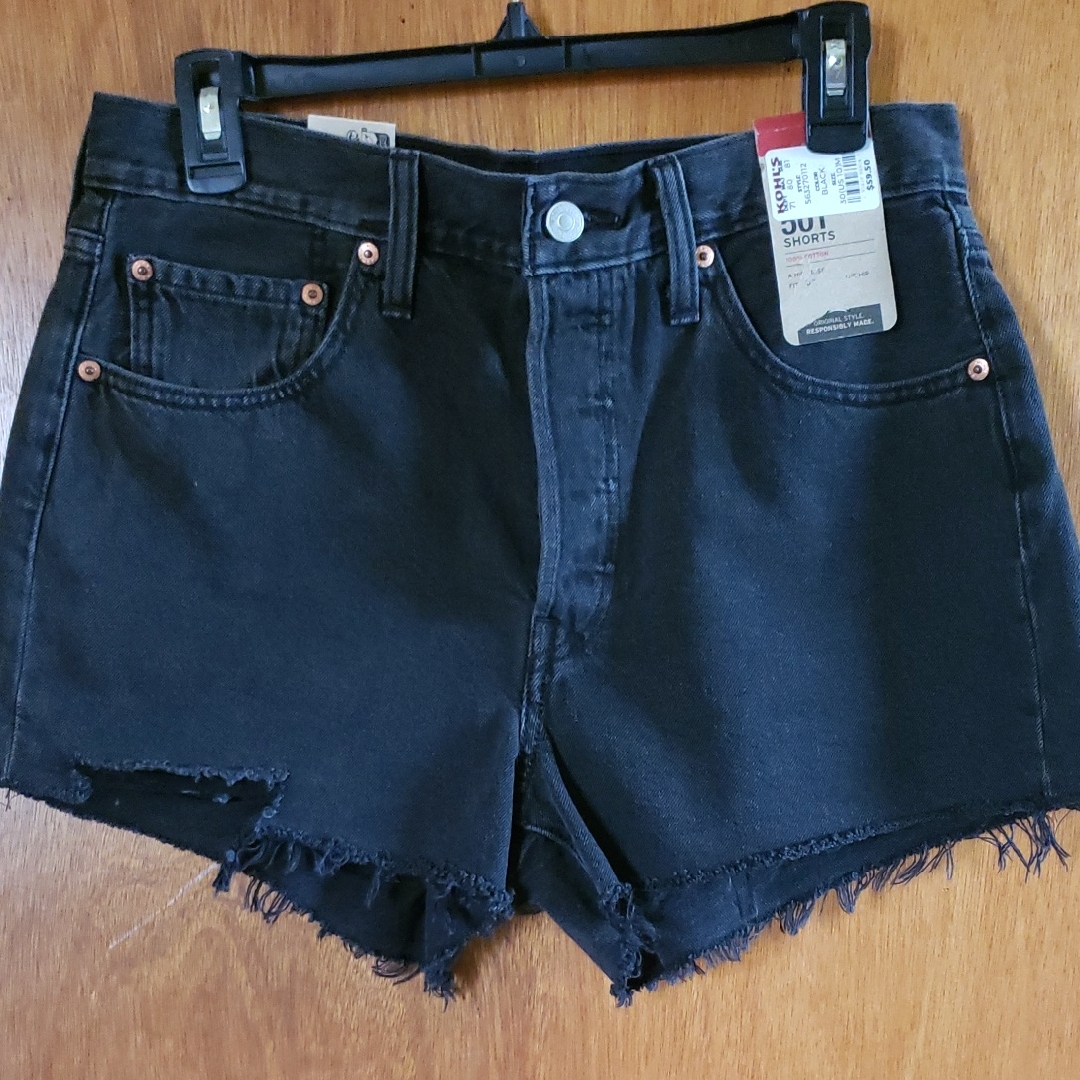 501 Levis Women's Black Denim Shorts Dustressed Waist 30